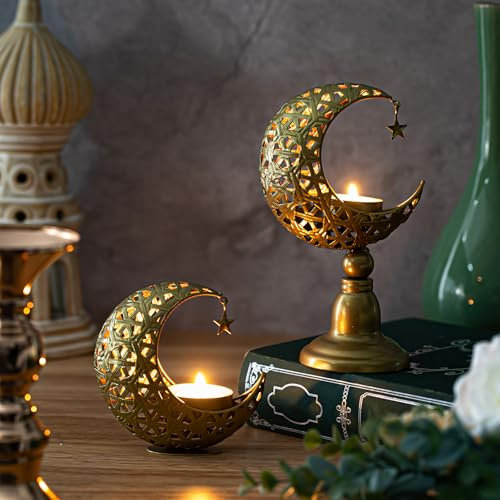 Perthlin 2 Stück Kerzenhalter in Mondform Gold Teelichthalter Kerzenständer aus Metall Ramadan Dekorationen Eid Mubarak Tischdeko Wohnzimmer Deko für Geburtstag Hochzeit Weihnachten