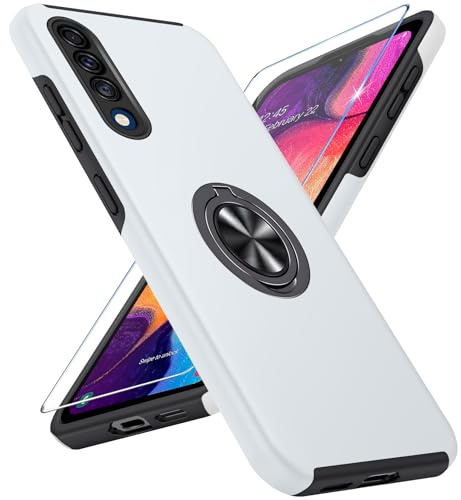 Vaki Handyhülle für Samsung Galaxy A50 Hülle mit Schutzfolie, Schutzhülle A50 Case mit Magnetischer Ring Ständer Kratzfest Fallfestigkeit Stoßfest Panzerhülle für Samsung A50 Cover (Silber)