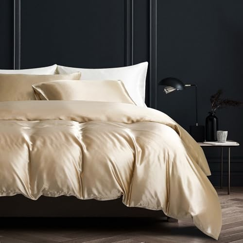YASMENG Bettbezug, Satin, 140 x 200 cm, Beige, Gold, einfarbig, glänzend, Deluxe, Bettwäsche, weich, seidig, für Einzelbett, mit Reißverschluss, mit Kissenbezug, 65 x 65 cm