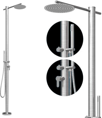 Four & More - Doccia da giardino per esterni, con colonna doccia a pioggia, in acciaio inox spazzolato V4A/316, modello LANIKAI con attacco per acqua calda e fredda per il giardino