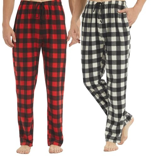 BEGIANT Lot de 2 Pyjamas Homme Hiver Pantalons en Polaire à Carreaux Ultra Doux avec Poches Vêtement Nuit Chaud Confortable Automne/Hiver,Plaid rouge + Plaid noir et blanc,L