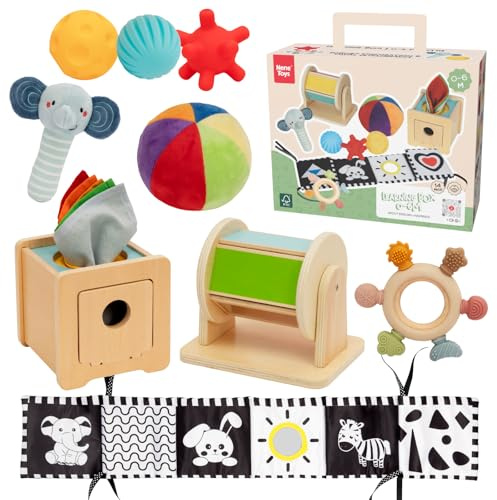 Nene Toys Jouet Montessori Bébé 0–6 Mois – Coffret Sensoriel 7-en-1 en Bois avec Livre Noir & Blanc, Boîte à Mouchoirs, Tambour Rotatif, Balles, Anneau de Dentition & Hochet – Cadeau Naissance