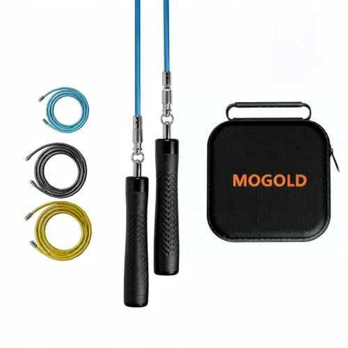 MOGOLD Gewichtetes Springseil-Set, 3 PVC-Seile, 299,7 cm, rutschfeste Griffe mit Schnellverschluss, Tragetasche, Schwarz