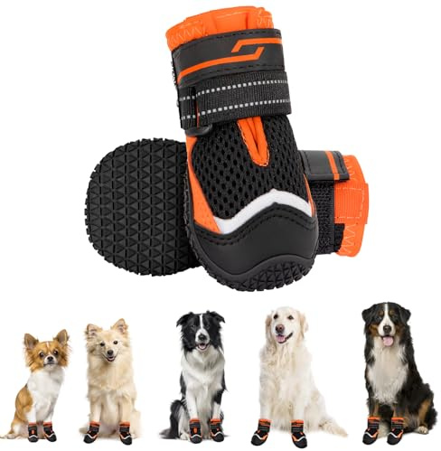 Eyein 2 Stück Hundeschuhe Pfotenschutz, Atmungsaktiv & Reflektierend | Rutschfester Sohle und Doppelt Verstellbare Klettverschlüsse für Innen & Outdoor Wanderungen, Kälte/Wärme (Orange, Größe 8)