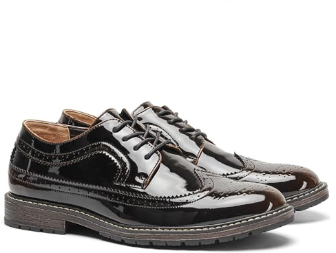 Harssidanzar Scarpe eleganti da uomo in pelle verniciata con classico motivo brogue,elastico e allacciatura Oxford formale KM310EU,Nero,Dimensione 44