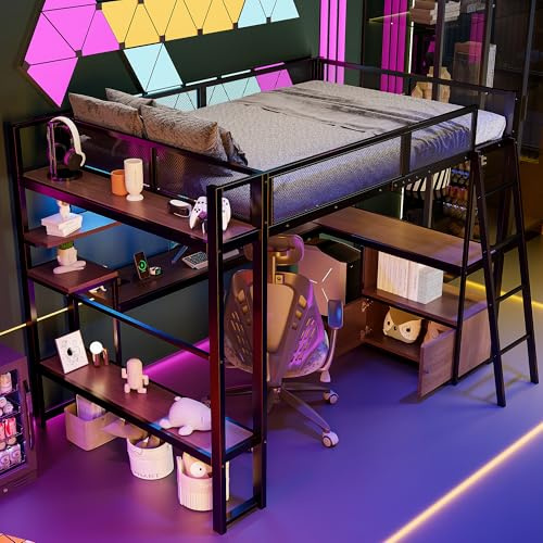 MOBETTRES Metal Gaming Cabin Bed (140 x 200 cm) with Integrated Workstation, LED Lighting and Large Storage Space (Black)