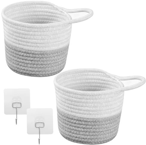 2 Stück Hängekorb, Wandkörbe Baumwollseilflechten 15 x 16 cm mit 2 Haken, Wandkorb Hängend Übertopf Korb, Aufbewahrungskorb Geflochten, Hängekorb Küche, Wohnzimmer,Bad (Weiß/Grau)