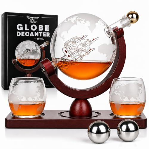 PONPUR Gifts for Men Dad Fathers Day, Whiskey Decanter Globe Set with 2 Ball Stones & 2 Glasses, Anniversary Birthday Gifts for Him Husband Boyfriend Brother, Cool Stuff Gift for Bourbon Scotch