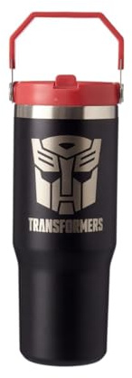 Transformers Autobot Insulated Tumbler with Handle 850ml, Stainless Steel Double Wall Travel Mug, Straw Lid for Cold Drinks & Detachable Lid for Hot Drinks, Keeps Drinks Hot 5h Cold 17h, Black & Red