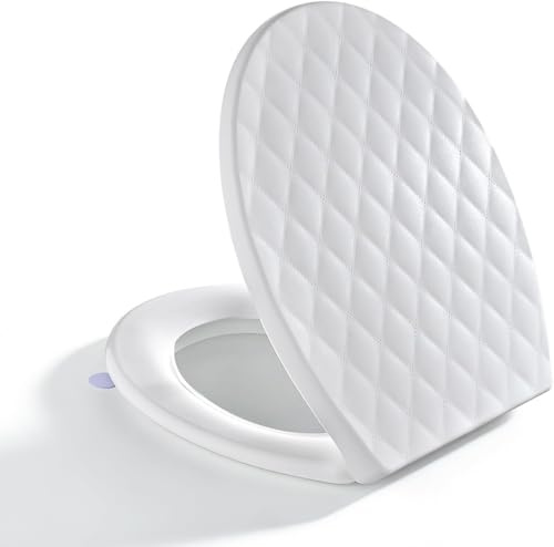 SREWOHS PRO Soft Close Oval Toilet Seat, White PP Toilet Seat Quick Release | Diamond Design, Adjustable Hinges, Easy to Clean and Install, Universal Bathroom Toilet Seat with Lifer, 44.6 x 37.1 cm
