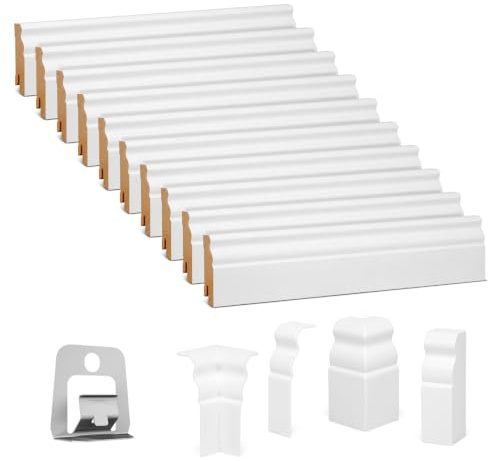 KGM Komplettset Sockelleiste Weiß MDF 19 x 60 x 2400 mm 10 Stück | foliert weiß (RAL 9016), für Laminat, Parkett & Vinyl, mit ExPress-Clips, Innen- & Außenecken, Verbinder & Kabelkanal