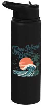 Tybee Island Beach Sunset Wave Palm Trees Stainless Steel Insulated Water Bottle