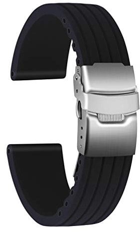 ULLCHRO Gummi Uhrenarmband Ersatzarmband Ersatz Kautschuk Armbanduhr Wasserfest Stripe Pattern - 16mm, 18mm, 20mm, 22mm, 24mm Uhrenband mit Edelstahl Faltschließe (22mm, schwarz)