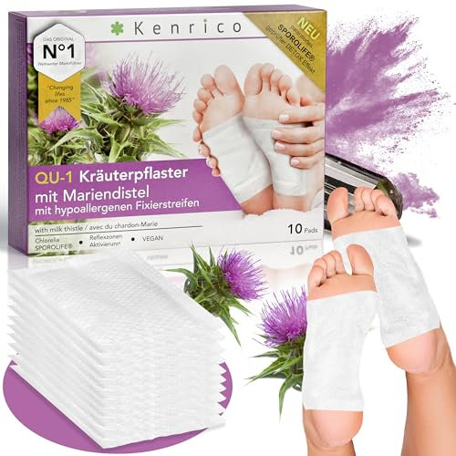 KENRICO QU-1 Kräuterpflaster mit Mariendistel [100% natürlich] Fußreflexzone Leber + Sylimarin Entgiftungspflaster Detox Entgiftung Pads Füße Detox Pflaster Kur Körper entgiften Fusspflaster
