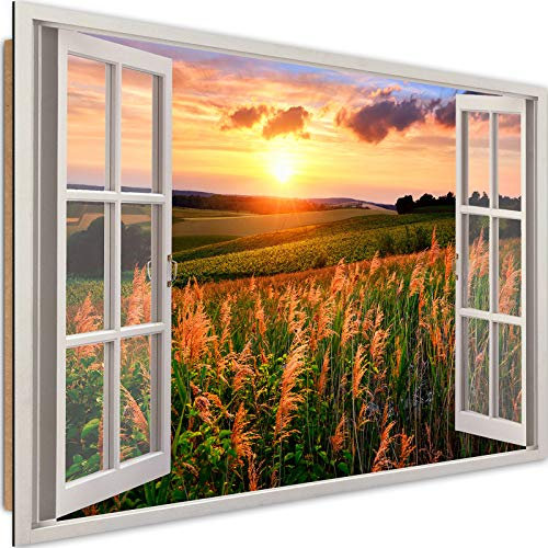 Feeby Bilder Fenster-Illusion XXL 120x80 cm 1 Teilig Wohnzimmer Schlafzimmer Büro Flur Küche Wandbilder Leinwandbilder Modern Bild auf Leinwand Kunstdruck Design Wiese Sonne Orange 120x80 cm