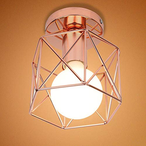 Plafoniera in Metallo E27 Industriale DIY Vintage Lampadario Paralume Retro Sospensione Gabbia Loft, Oro Rosa