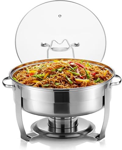 Chafing Dish für Buffet Set, von Kook, Catering Speisenwärmer, Runde Chafing Dishes für Buffet, Chafing Buffet, Wärmertablett, Edelstahl mit Glasdeckel und Deckelhalter, für Partys, Abendessen, 4,5 Qt
