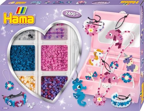 Hama Perlen 3709 Creative Box Accessories with Approx. 2,400 Colourful Midi Iron-On Beads with Diameter 5 mm, Pen Plate and Accessories, Includes Ironing Paper, Creative Craft Fun for Young and Old