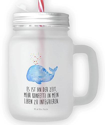 Mr. & Mrs. Panda Trinkglas Mason Jar Wal Konfetti - Geschenk, Meer, Wale, Lebensabschnitt, Abnehmen, Strohhalm Glas, Henkelglas, Einmachglas,