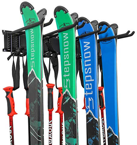 Ski Wall Rack, Holds 4 Pairs of Skis & Skiing Poles or Snowboard, for Home and Garage Storage, Wall Mounted, Heavy Duty, Adjustable Rubber-Coated Hooks