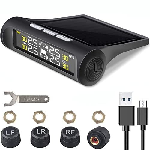 WholeFire Car Tire Pressure Monitoring System, 6 Alarm Modes Universal Wireless Smart Tire Safety Monitor with Solar and USB Charge, 4 External Cap Sensors, Real-Time Pressure & Temperature Alerts