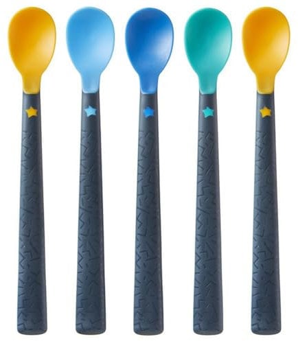 Tommee Tippee 44719610 Soft Tea Spoon with Long Non-Slip Handle, Extra Soft, from 4 Months, Pack of 5, Multi-Coloured