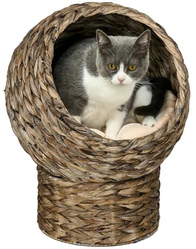 Pawhut Cuccia per Gatti Rialzata con Cuscino, Casetta Naturale con Foglie di Banana, Beige e Marrone, 40x37x51cm