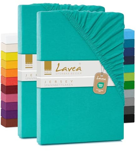 2er Set Spannbettlaken - Serie Maya Doppelpack Spannbetttuch für Matratzen bis 40cm - 200x220cm für Boxspring- und Wasserbetten, Türkis, 100% Baumwolle, hochwertige Verarbeitung, mit Gummizug