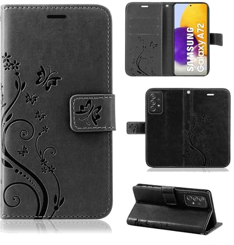 Hülle Kompatibel mit Samsung Galaxy A72 | Premium PU Leder Handyhülle Wallet Case für Galaxy A72 | Schutzhülle Blumen Klapphülle Handyhülle | Schwarz