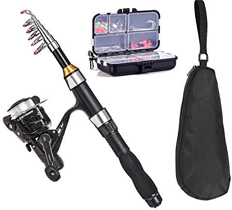doorslay Teleskop-Angelrute und Spule, Kombi-Set, Angelruten-Rolle, Kombi, komplettes Set, 1,5 m, Teleskop-Angelrute, Spinnrolle, Set mit Haken, weiche Köder, Fasswirbel, Aufbewahrungstasche