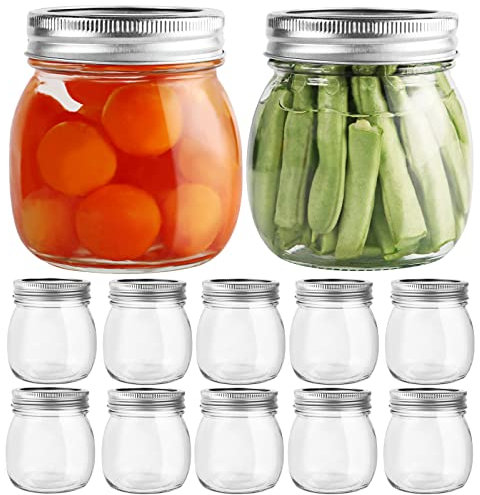 Yishik Lot de 12 bocaux Mason en verre de 300 ml avec couvercles argentés étanches et réutilisables pour confitures, fruits et épices, marinage, boissons, cadeaux faits maison