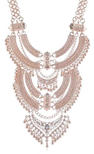 YAZILIND Schlüsselbein Chunky Bib Halskette Layered Quasten Strass Übertrieben Vintage Ethnic Lange Gravierte Bohemian Statement (Roségold)