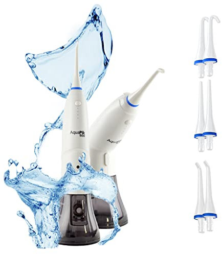 Aquapik 500 Munddusche mit einzigartigem Design, abnehmbar, wiederaufladbar, für Reisen und Büro, 6 Düsen, 4 Leistungen, wasserdicht IPX7 (weiß)