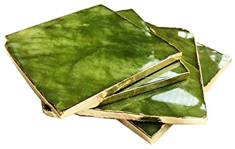 Untersetzer aus natürlichem grünem Edelstein, Jade, mit goldenem Rand, für Heimdekoration, 8,9 - 10,2 cm, quadratische Form, 4 Stück (grüne Jade)