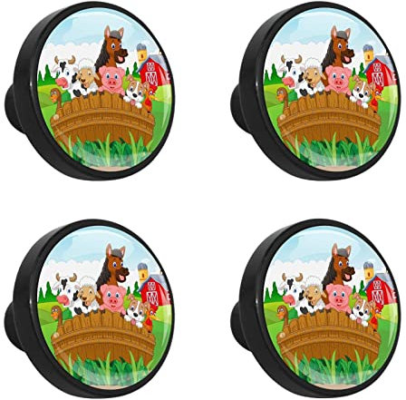 Set of 4 Handles Pulls Happy Farm Animals Cabinet Hardware knobs for Wardrobe, Cupboard, Dresser, Doors, Closet, Drawers, Kids Room