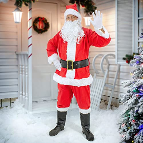 ECD Germany 7-teiliges Weihnachtsmann Kostüm mit Mütze, Bart, Gürtel und Handschuhe, Einheitsgröße S-XL, Rot-Weiß, Verkleidung für Weihnachten, Nikolauskostüm Santa Claus Anzug für Herren/Erwachsene