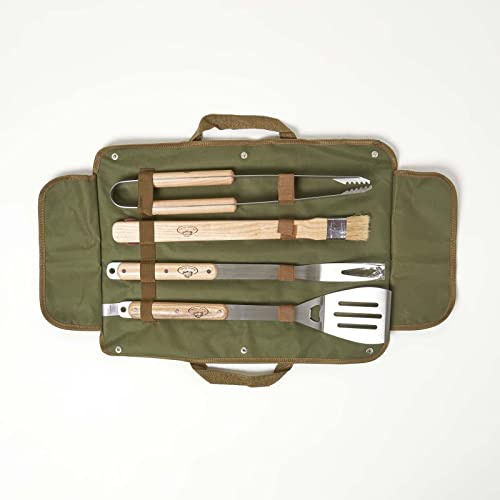 Homescapes Grillbesteck mit Tasche grün 49x18cm, BBQ Besteck-Set mit Canvas-Etui