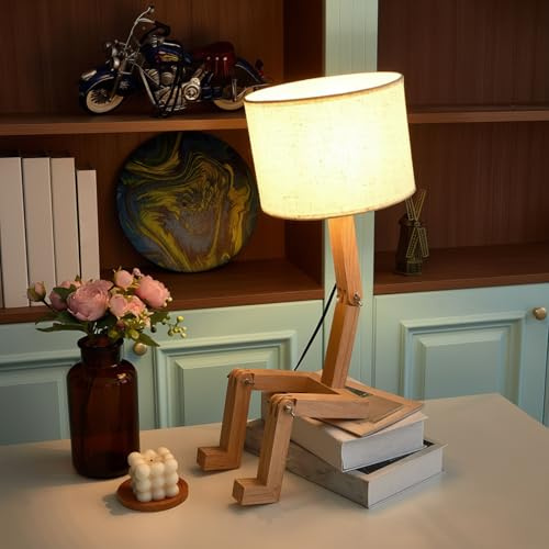 Niedliche Schreibtischlampe aus Holz, kreative Tischlampe mit Holzsockel, verstellbare Form, Nachttischlampe, lustige flippige Lampe, Leselampe, DIY-Spaß-Roboter-Lampe für Schlafzimmer, Büro,