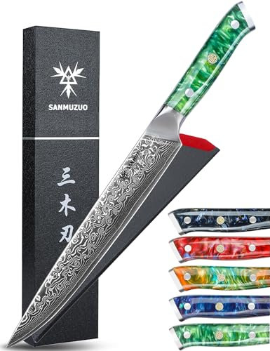 SANMUZUO Damaststahl Tranchiermesser 23 cm Fleischmesser - Xuan Serie - VG10 Damaskus Stahl Kochmesser Schinkenmesser mit Harz Griff (Smaragd grün)