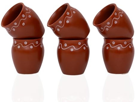 Lot de 6 tasses traditionnelles faites à la main Kulhar Kulhad Chai Thé Café Cantaritos en faïence émaillée Finition brillante Argile Terre cuite Artisanat Studio Poterie Mud Marron Qualité