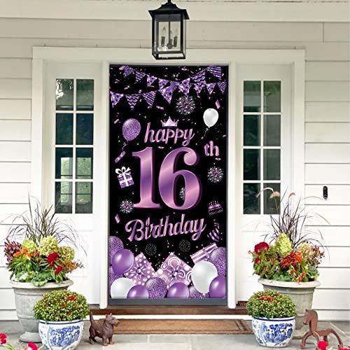 Purple 16th Birthday Banner - Door Decoration, Party Sign Poster for Boy & Girl