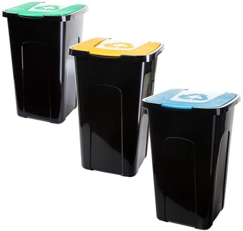 Mülltonne mit Deckel 3er Set 50 Liter Abfalleimer Abfalltonnne Mülleimer mit Farbkodierten Deckeln für Effiziente Drinnen & Draußen Mülltrennung, Langlebig & Wetterfest, 56x36x36cm, Made in EU