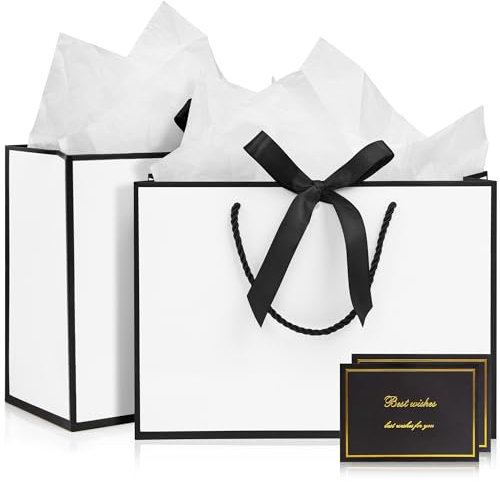 Eitolo Medium Gift Bags, 2pcs Present Bags with 4 Wrappers and 2 Cards, Paper Gifts Bags Shopping Bags with Handles for Women Men Birthday Valentines Wedding Party Bags (White-Black) 20 x 10 x 28 cm