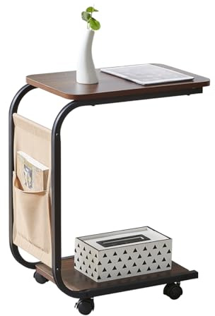 PCGAGA Table d'appoint en forme de C, table pour ordinateur portable mobile sur roulettes, petite table basse pour ordinateur portable, avec poche latérale (noyer)