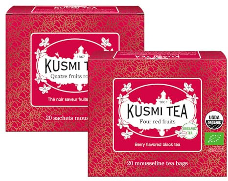 Kusmi Tea - Quatre Fruits Rouge Bio - Lot de 2 boîtes - Thé Noir Biologique, Aromatisé aux Fraises, Framboises, Groseilles et Cerises - Thé Caféiné - 2x20 Sachets