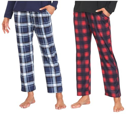 MoFiz Femme Bas de Pyjama Doux Pantalon Long Vêtements de Nuit avec Poches Lot de 2 Carreaux B, L