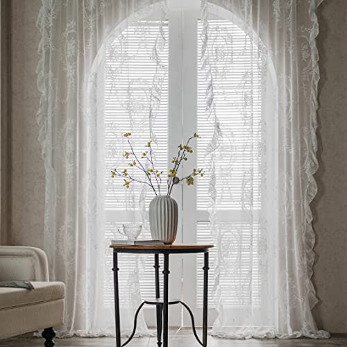 Sutuo Home Spitzenvorhänge, 2 Paneele, 274 cm lang, Vintage-Stil, bestickt, Blumenmuster, Rose, durchscheinende Vorhänge für Schlafzimmer, Wohnzimmer, Privatsphäre, Shabby-Chic-Fensterdekoration