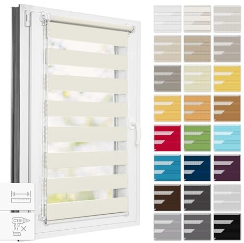 Estika® Doppelrollo Klemmfix ohne Bohren, Breite alle 1 cm - 40 cm x 220 cm - Cream - Tag und Nacht Duo Rollo, Rollos für Fenster ohne Bohren, Fenster sichtschutz