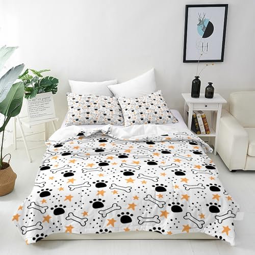 ANHOPE Hund Knochen Welpe Pfote Bettwäsche Set 3 Teilig Bettbezug 155x220 cm + 2 Kissenbezug 80x80 cm Weich Microfaser Bettbezüge Set mit Reißverschluss Bettdeckenbezug für Kinder Jungen Mädchen
