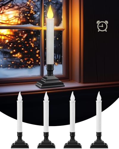 SURAIELEC 4 Pack Battery Operated Window Candles, 6H Timer Window Candle Lights with Removable Candle Holders, LED Christmas Candles for Window, Mantel, Dining Table, Festival Decor, Matte Black